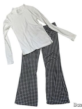 Sz 8 Btween Girls White Mock Neck Top W/ Plaid Flare Pants NWOT